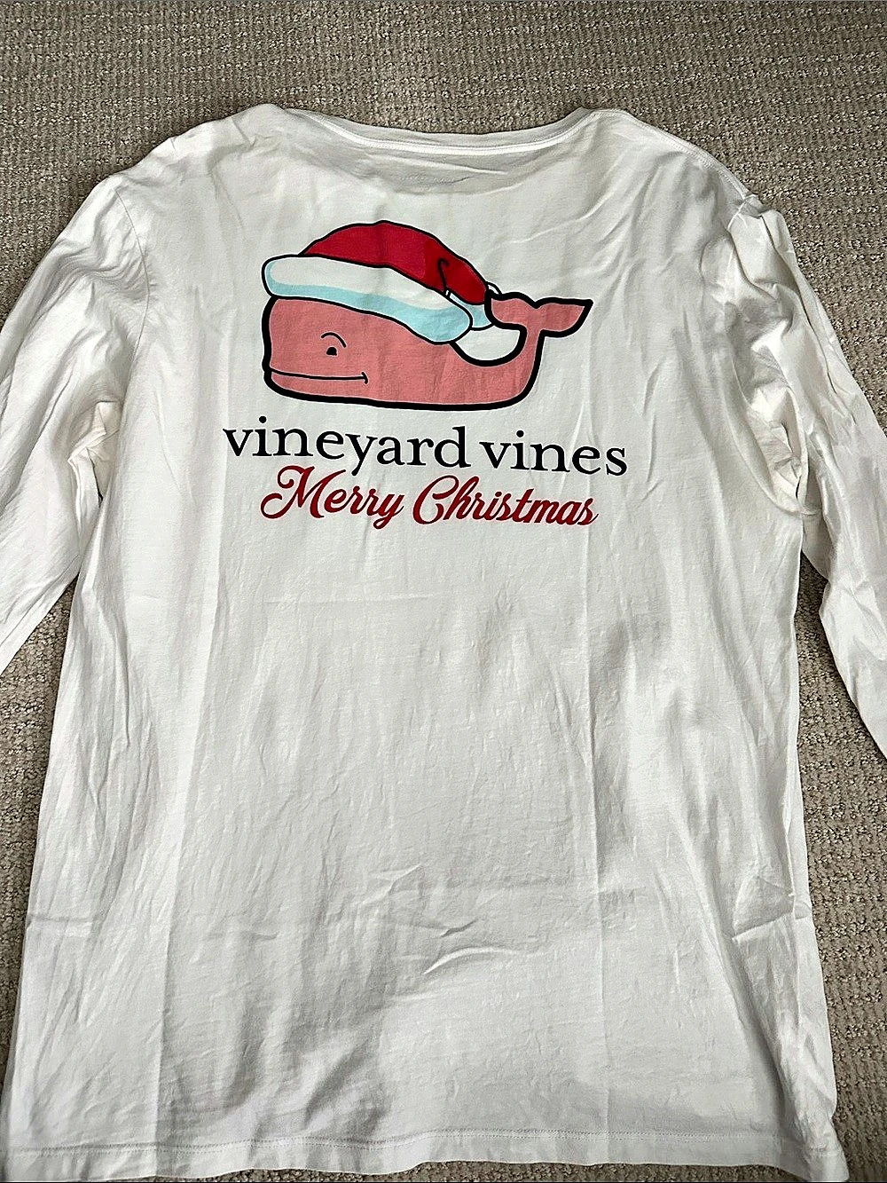 vineyard vines Santa Whale Merry Christmas Long Sleeve Pocket Tee White Large